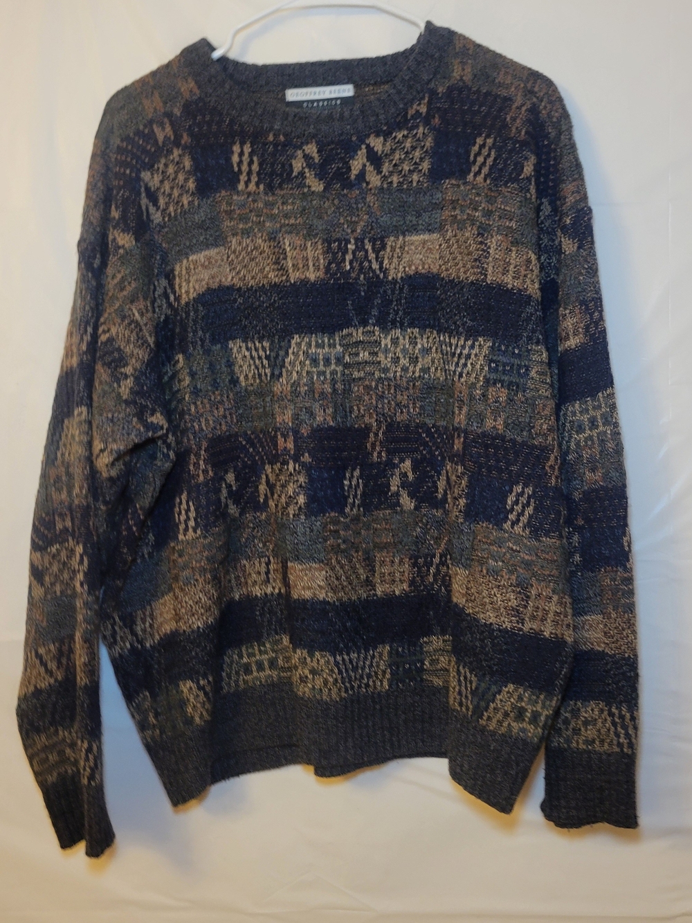 Geoffrey Beene Navy and Brown Patterned Crewneck Sweater - Picture 1 of 4